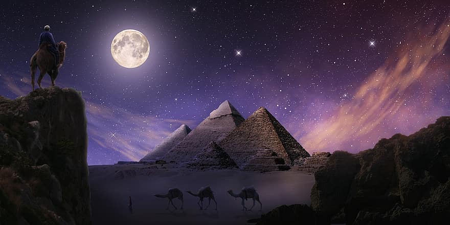 piramiden, Gizeh, nacht, caravan, kameel, Bedoeïen, sprookjes, sterrenhemel, volle maan, fantasie, fotomontage