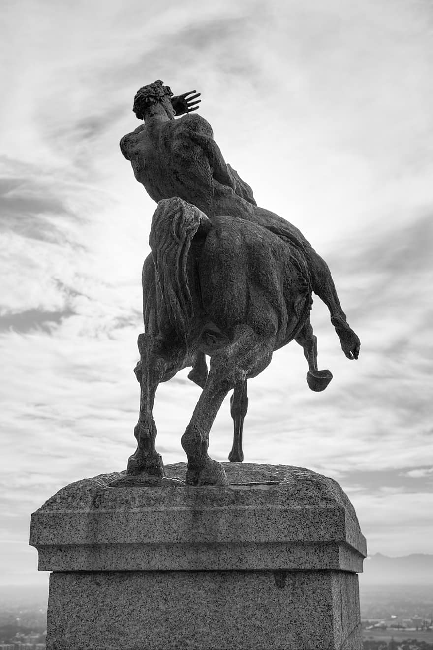 silueta de la estatua de energía, memorial de Rhodes, energía física, energía, cielo, hombre desnudo a caballo, bronce, fundición, estatua, escultura, ligero