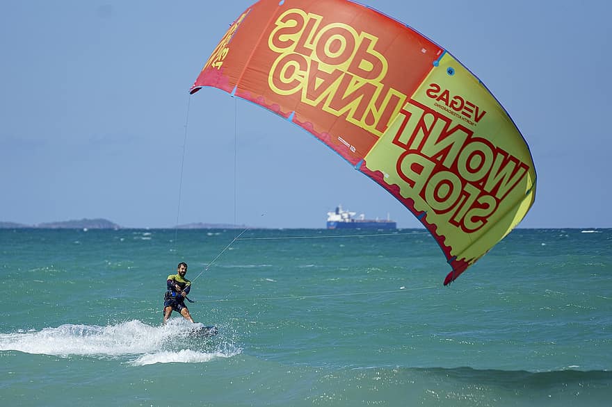 fallskärm, man, hav, våg, vattensporter, kite surfing, kite boarding, vind, strand