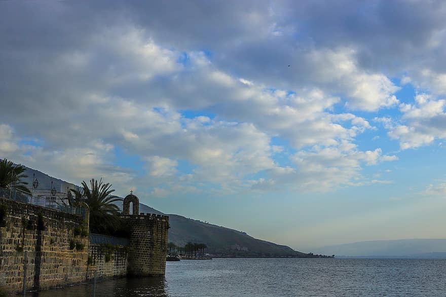 Tiberias, meri, valtameri, saari, Israel, Galilean, järvi, aamu, kevät, kesä, sininen