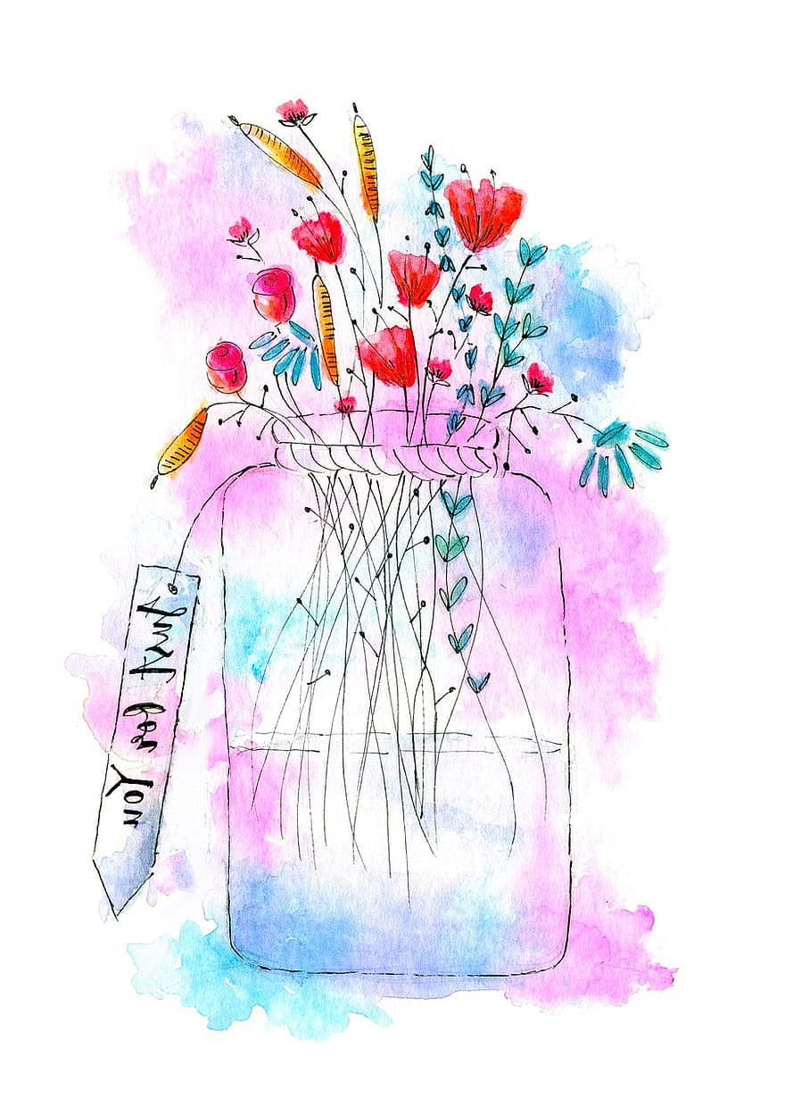 цветя, ваза за цветя, акварел, произведения на изкуството, цветна аранжировка, разцвет, цвят