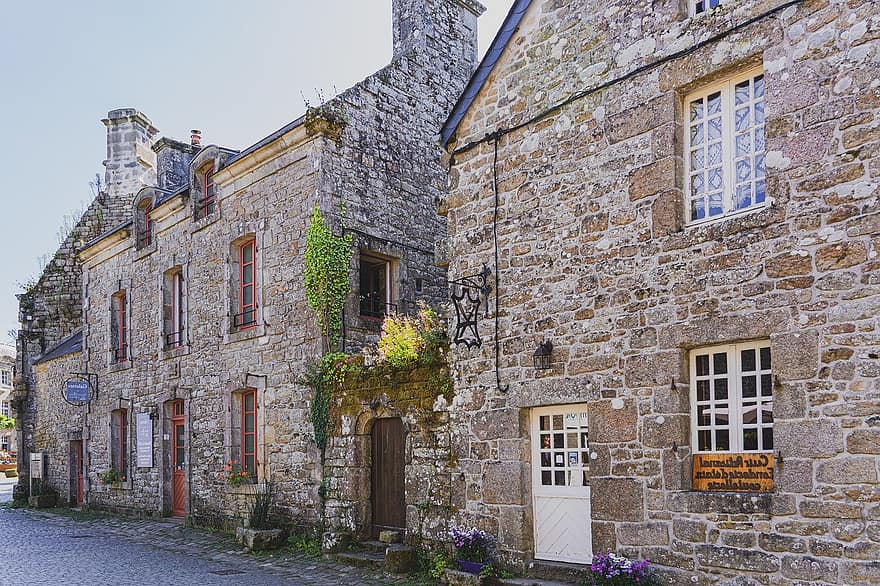 旧村、村、家、古い家、壁、石、建築、中世の、建物、古い、フランスの村