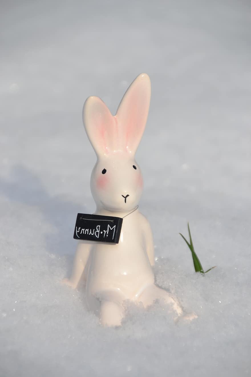 Bunny, Figure, Snow, Ice, Winter, Grass, Easter, Hare, Easter Bunny, Figurine, Decoration