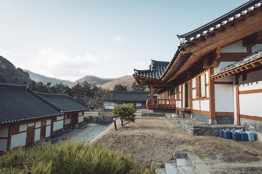 casa, construção, cobertura, tradição, montanha, Coréia, panorama, viagem, natureza, arquitetura, culturas