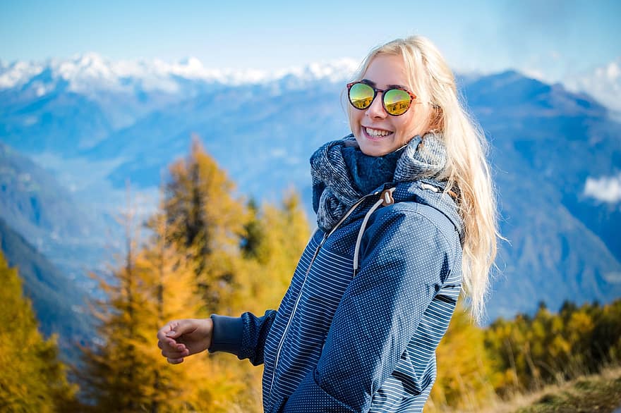 Woman, Fashion, Hiking, Happy, Smile, Girl, Person, Blond, Glasses, Sunglasses, Jacket