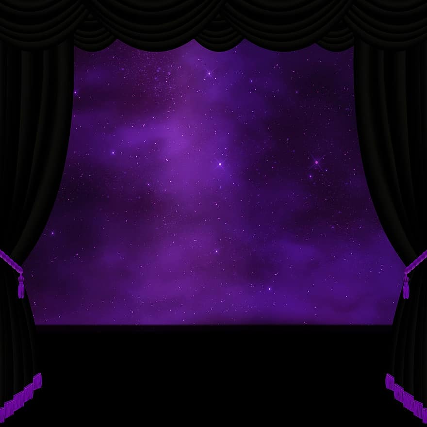 escenario, cortina, gótico, cielo nocturno, estrella, iluminado, copia espacio, teatro, cine, vacío, negro