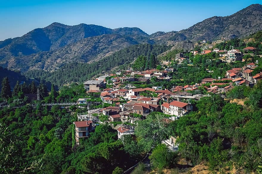 aldeia, montanhas, Alona, Chipre, casas, prédios, cadeia de montanhas, montanha, verão, panorama, floresta