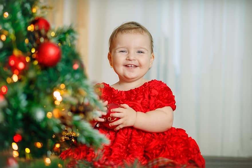 Baby, Girl, Christmas, Childhood, Sitting, Dress, Cute, Smile, Kid, Child, Young
