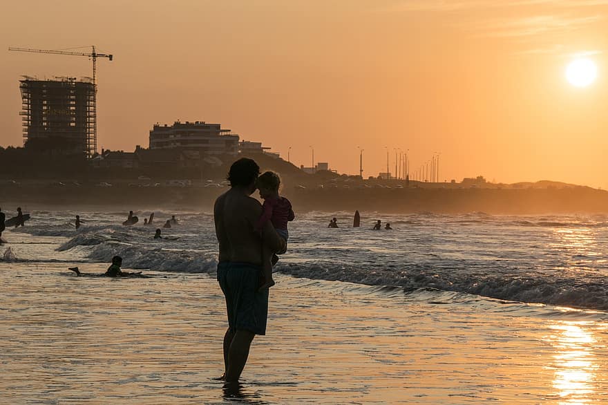 zachód słońca, plaża, sylwetka, mężczyzna, surfer, tablica, surfing, woda, morze, lato, punta del este