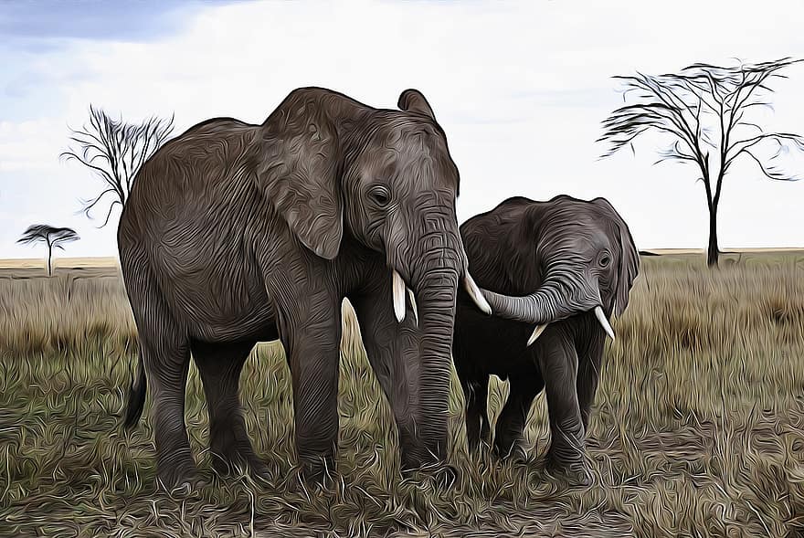 아프리카, 탄자니아, 국립 공원, 원정 여행, 세렌게티, 코끼리, 코, 어린이, 젊은, 어린 동물, 야생 생물