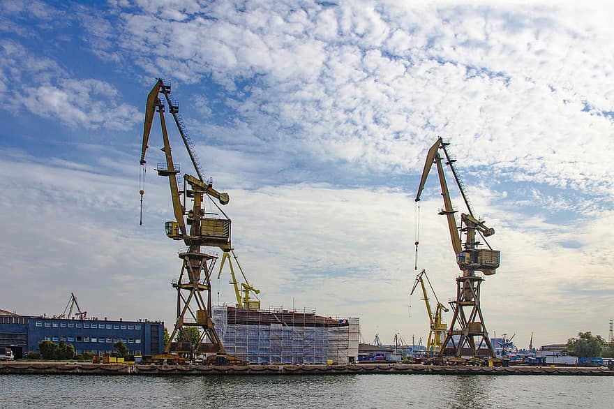 Shipyard, Cranes, Gdansk, Port, Loading Dock, Sea, Poland, crane, construction machinery, commercial dock, shipping