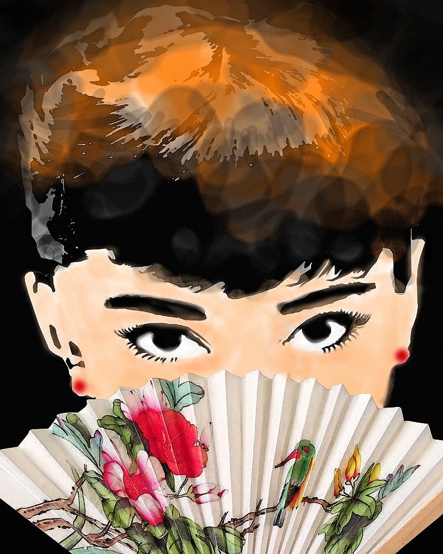 dona, ventilador, model, Audrey Hepburn, actriu, aquarel·la, pintura, ulls, moda, celebritat, vintage