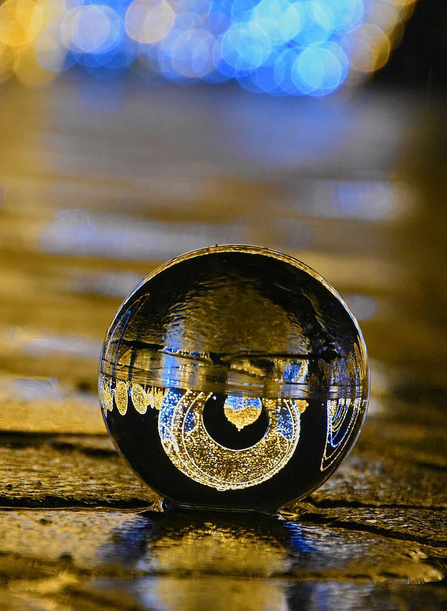 стъклена сфера, катедрален площад, Светове на светлината, Магдебург, lensball, размисъл, нощ, сфера, едър план, стъкло, вода