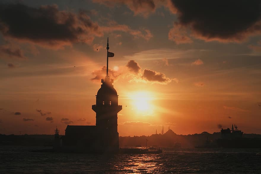 üsküdar, θάλασσα, η δυση του ηλιου, Τουρκία, ακτή, φύση, πύργο της παρθενικής
