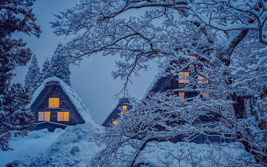 város, itthon, téli, évszak, hó, faipari, Gassho-zukuri ház, Shirakawa-go, éjszaka, fa, tájkép