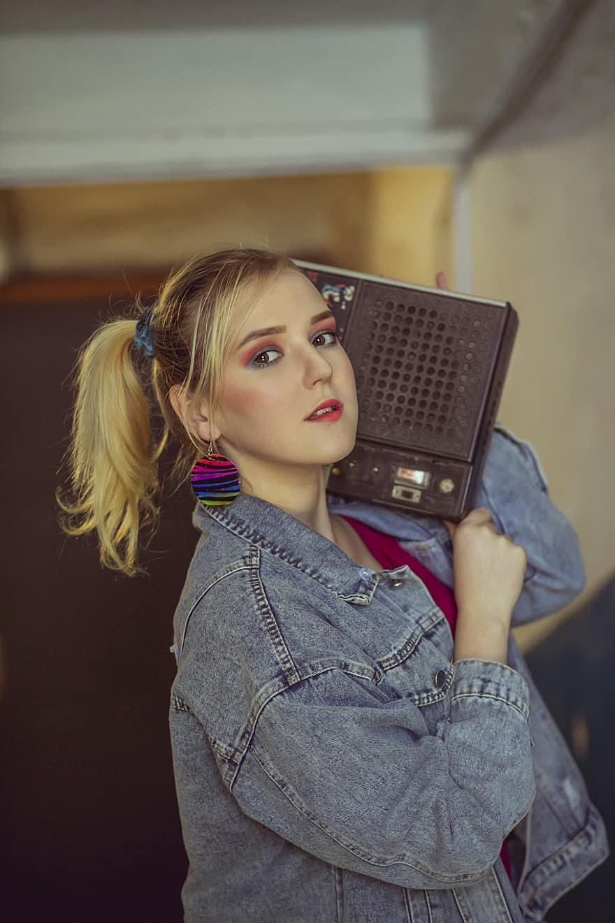 Woman, Blonde, Boom Box, Retro, Vintage, Classic, Fashion, Style, Hairstyle, Outfit, Denim