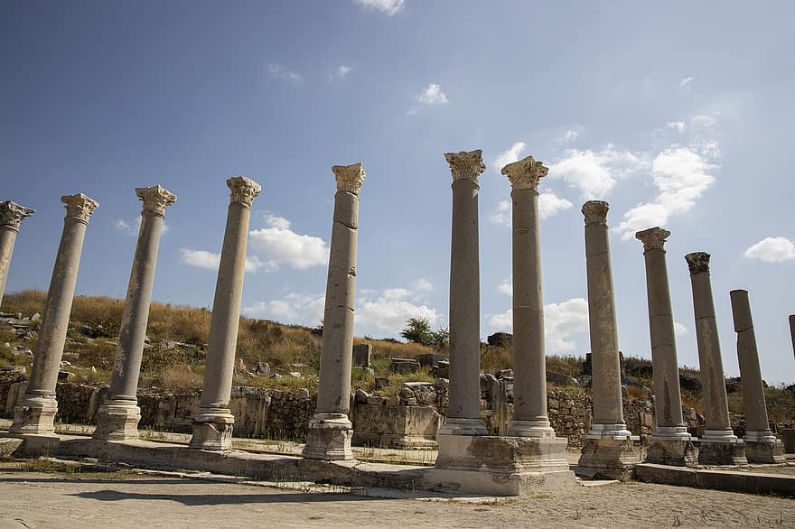kolom, peninggalan, kuno, reruntuhan, struktur, bersejarah, historis, membersihkan, antalya