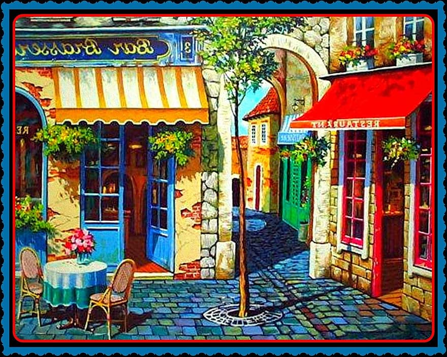 akvarelu, francouzština, bar, pivnice, kavárna, Paříž, bistro, restaurace, chodník, vodové barvy, malování