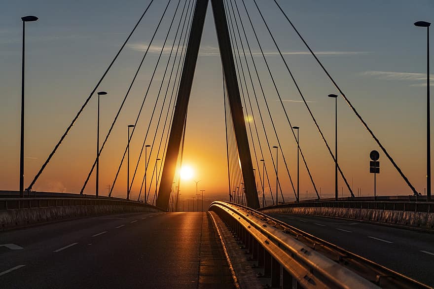 Německo, most, svítání, Hamburg, architektura, krajina, silnice, město, západ slunce, soumrak