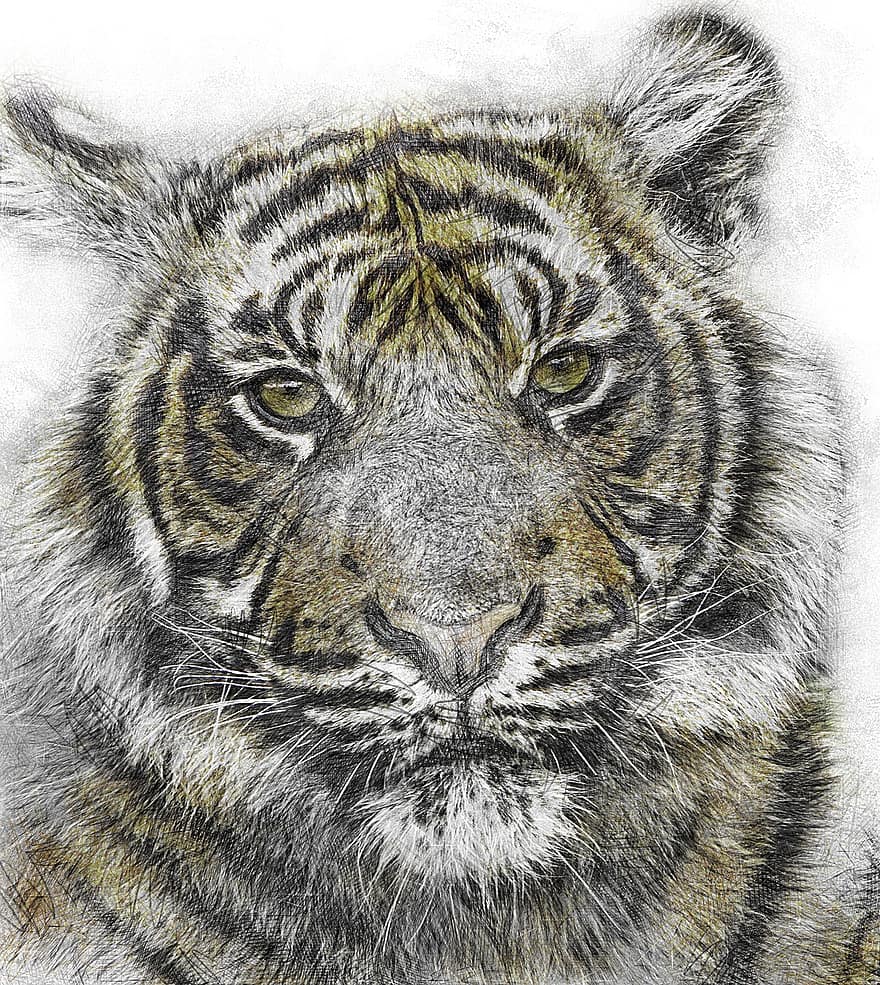 tigris, kölyök, tigris kölyök, nagy macska, macskaféle, állat, vadvilág, sumatran tigris, közelkép, portré, fej