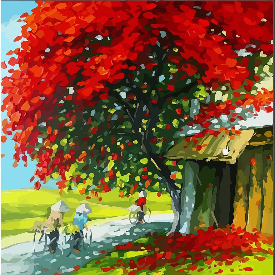 pittura, Lowpoly Art, colore, bellezza, creativo, natura, paesaggio, albero, illustrazione, vettore, autunno