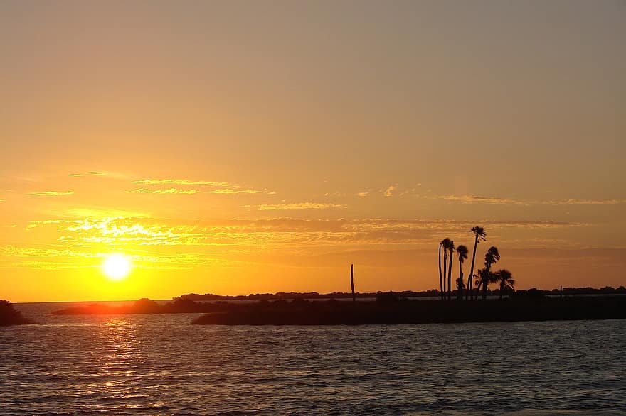 tramonto, isola, oceano, crepuscolo, mare, sole, luce del sole, silhouette, costa, palme, cielo