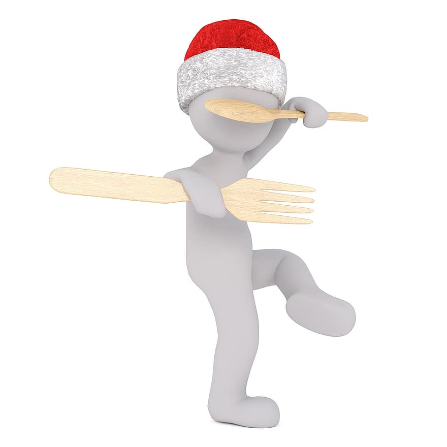 fehér férfi, 3D-s modell, izolált, 3d, modell, teljes test, fehér, santa kalap, Karácsony, 3d santa kalap, fakanál