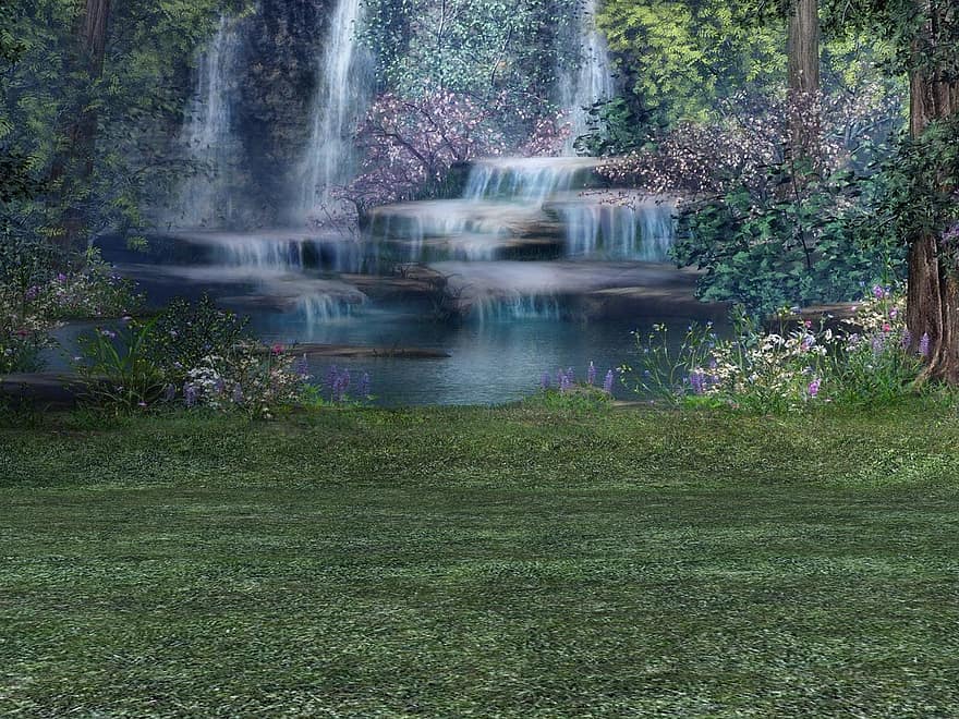 фон, воды, дерево, трава, луг, свет, романтик, настроение, пейзаж
