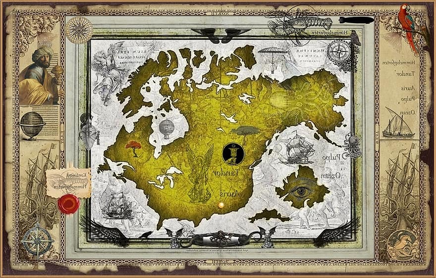 Karta, fantasi, världskarta, kontinenter, ö, hav, gammal, illustration, antik, historia, gammaldags