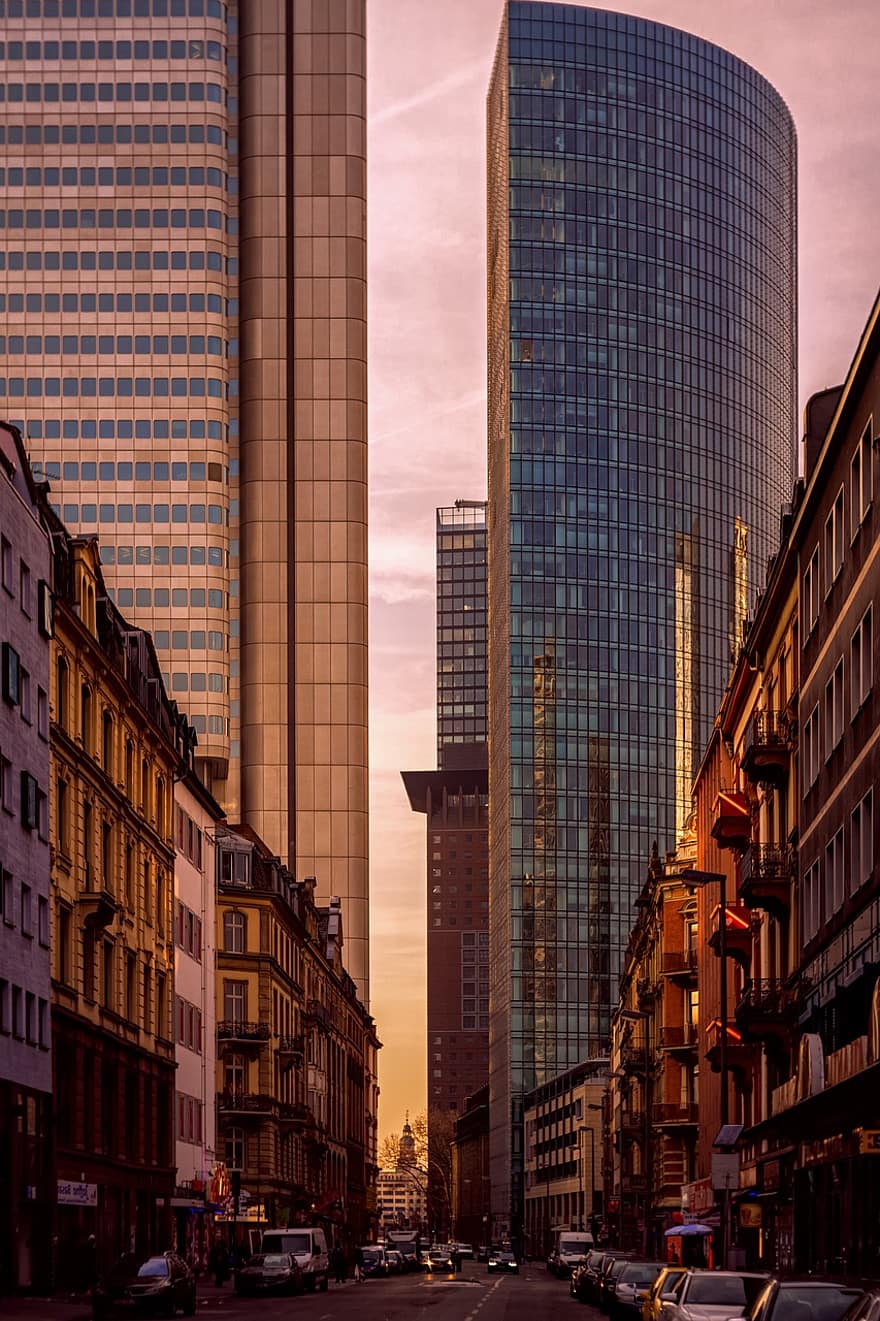 Buildings, Skyscrapers, Urban, Downtown, City, Facades, Edifice, Architecture, Germany, Frankfurt, Center