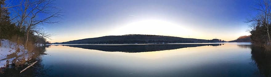 湖、日の出、青、それでも、自然、水、風景、空、朝、反射、光