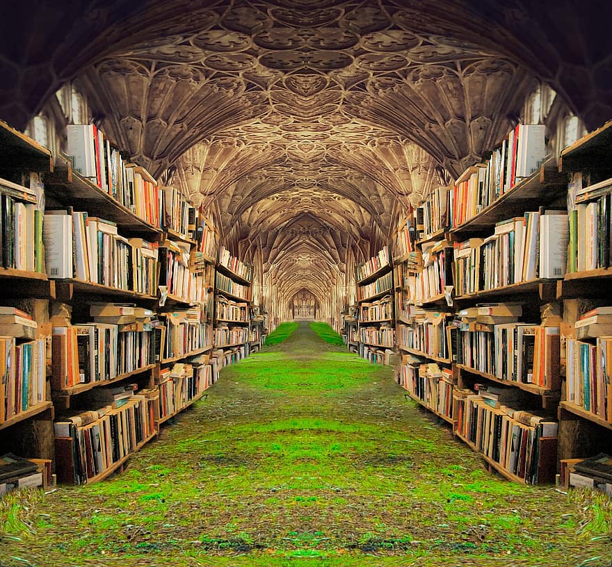 книги, рафтовете, трева, замък, коридор, готически, тайнствен, рафтове за книги, библиотека, изучаване на, фантазия