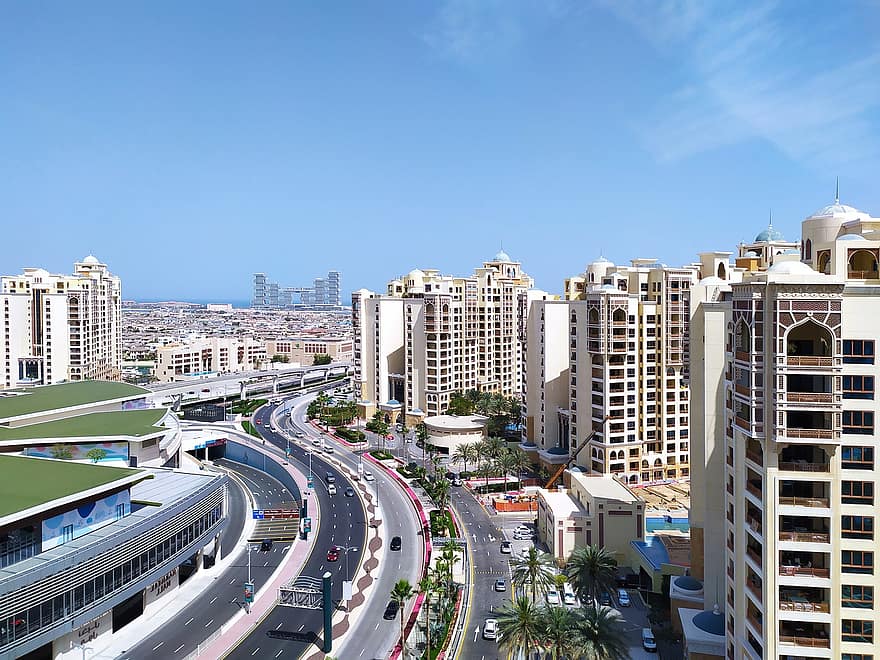 dubai, emirátusok, út, utca, város, torony, épület, belváros, városi, modern, építészet