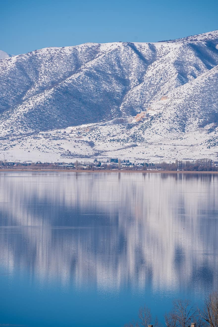 Munte, zăpadă, rece, cer, natură, Kastoria, apă, albastru, peisaj, iarnă, reflecţie