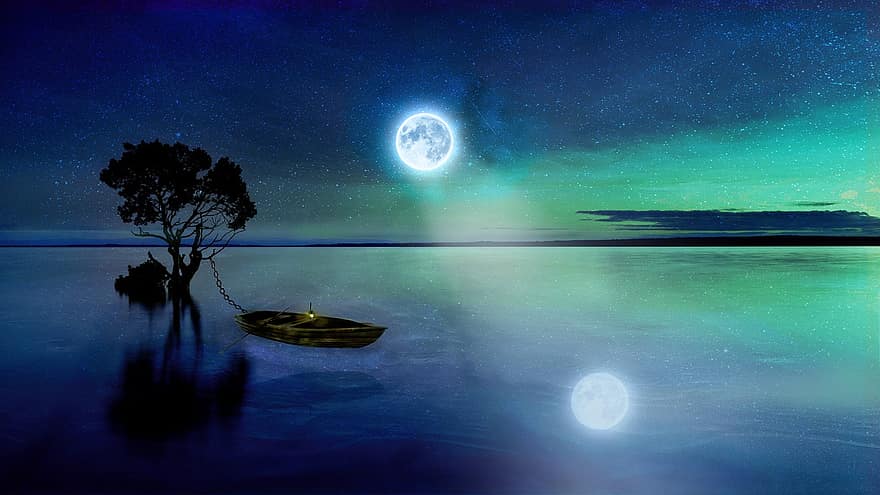 mare, notte, Luna, barca, lanterna, lampada, albero, chiaro di luna, Luna piena, acqua, riflessione