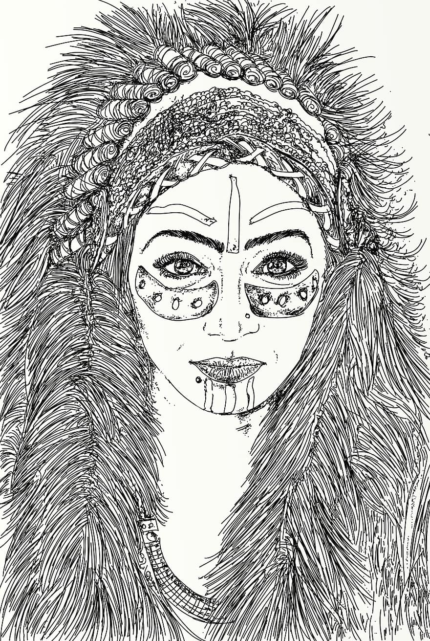 Frau, indisch, Strichgrafiken, Mädchen, weiblich, Gesicht, traditionelle Kleidung, amerikanischer Ureinwohner, Porträt