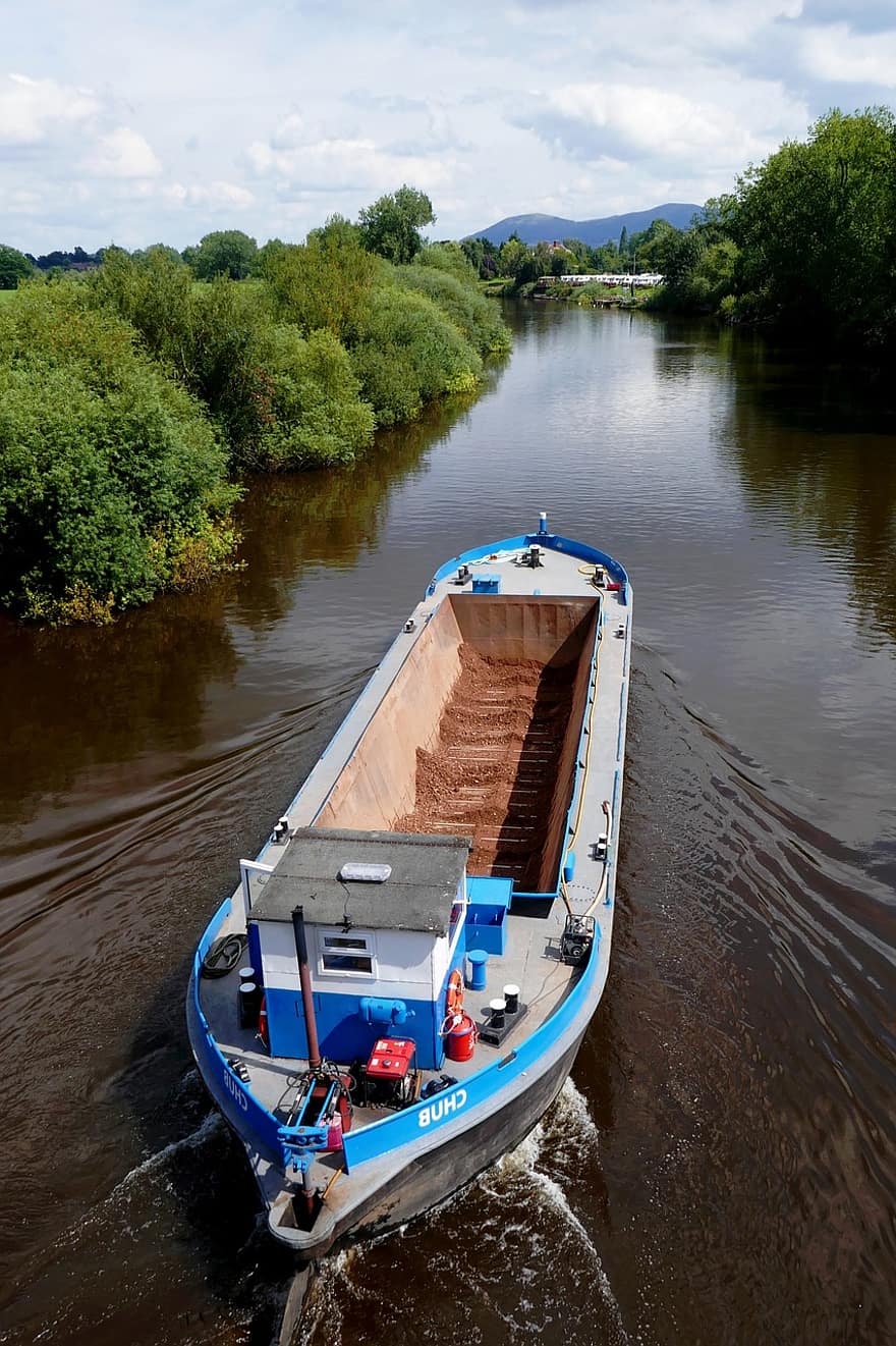 Barge, Freight, River, Sand, Gravel, Transport, River Severn, Waterway