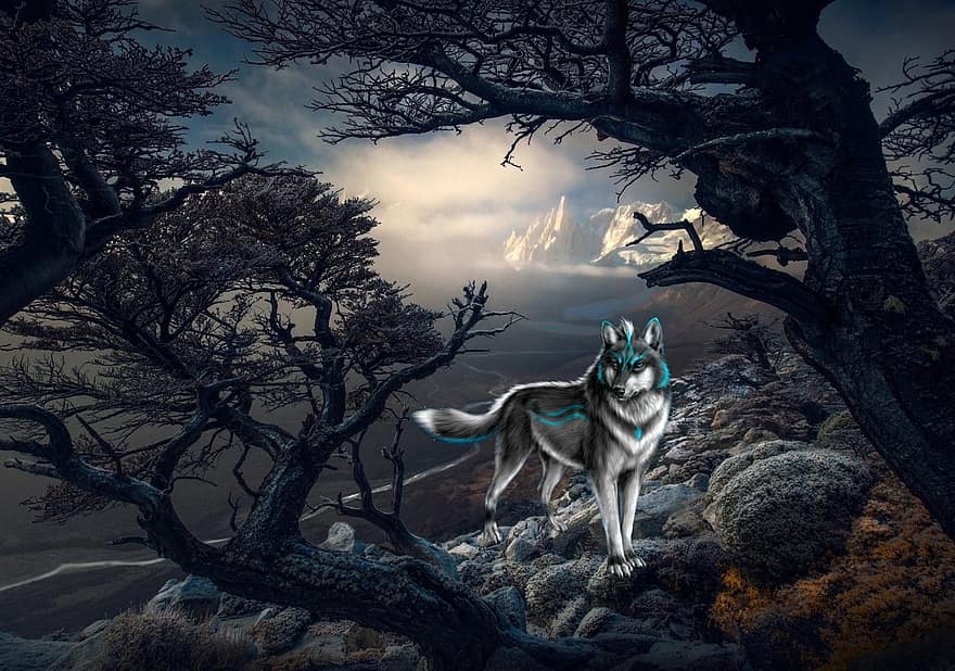заден план, планини, дървета, нощ, вълк, дърво, илюстрация, гора, куче, тъмен, зловещ