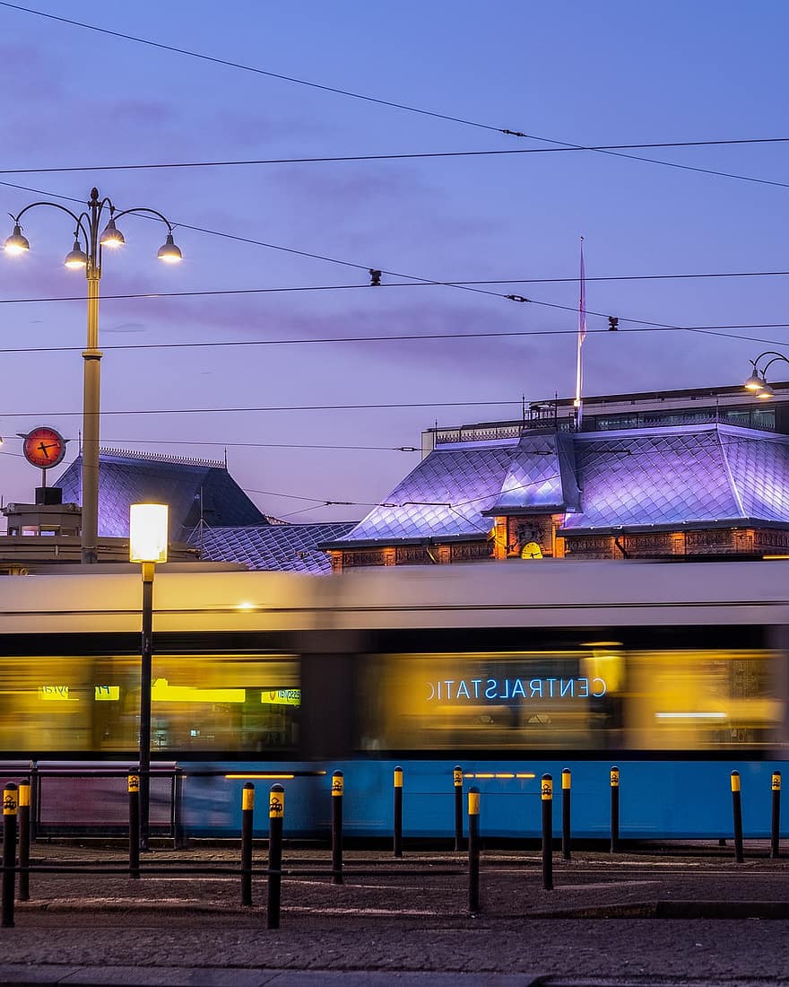 Гьотеборг, Швеция, трамвай, Drottningtorget, транспорт, пътуване, Централна гара, нощ, осветен, архитектура, градски живот