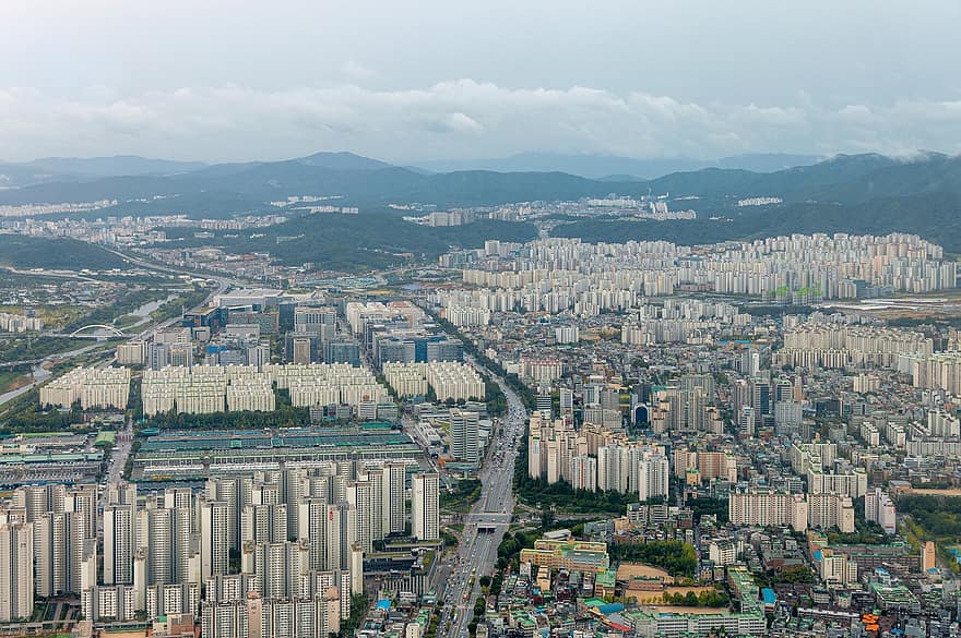 Seúl, ciudad, montañas, panorama, rascacielos, edificios, paisaje urbano, megalópolis, céntrico, urbano, Corea