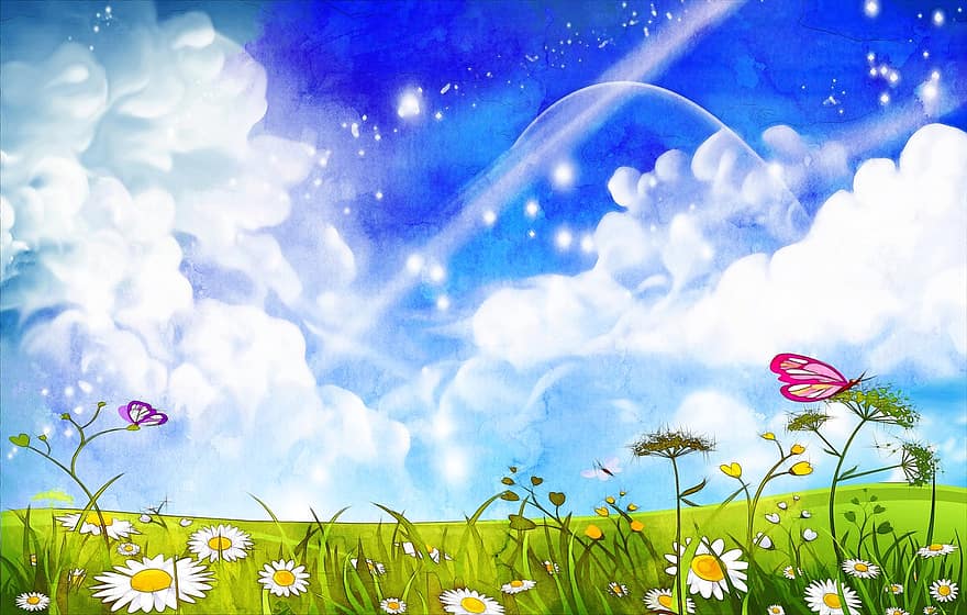 pole, květiny, Příroda, tráva, motýlů, krajina, louka, jaro, nebe