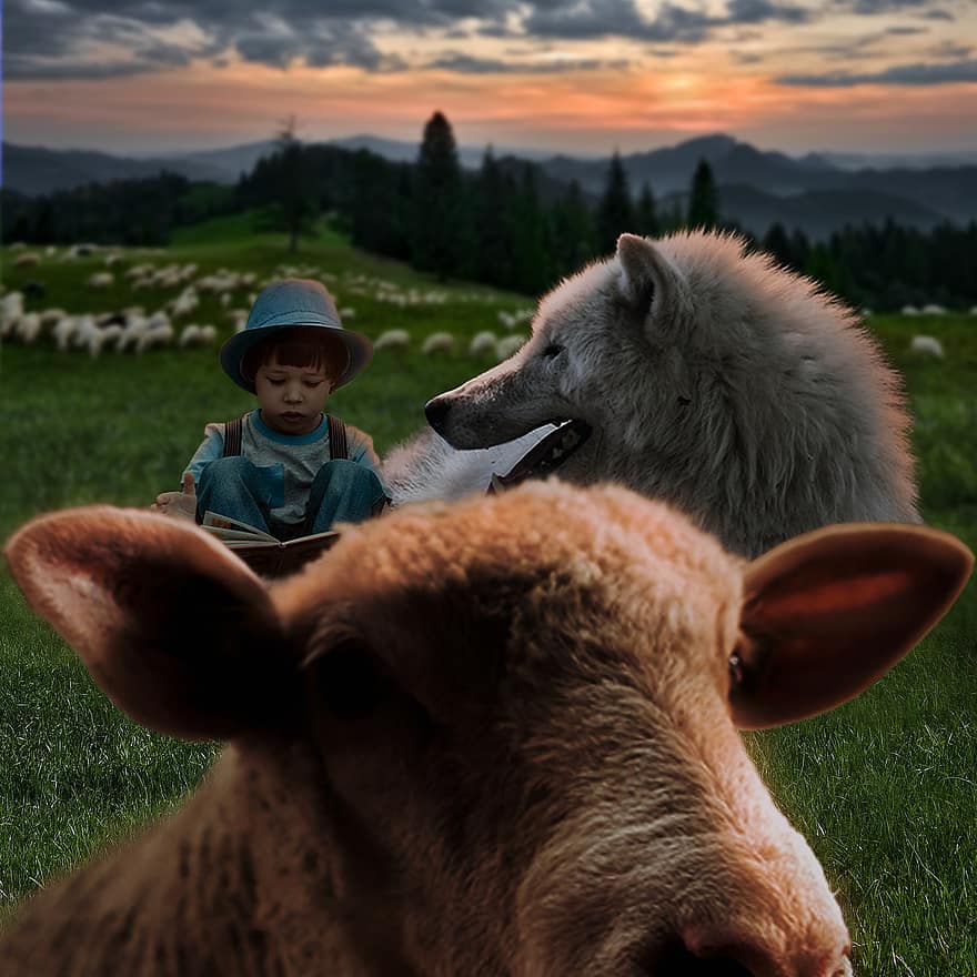 вовк, хлопчик, овець, небо, краєвид, природи, ферми, трави, милий, сільська сцена, пес