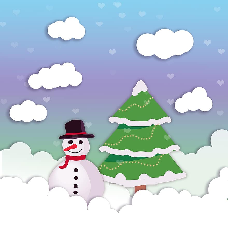 boneco de neve, árvore de abeto, neve, Natal, inverno, cachecol, decoração, nuvens, invernal, fofa