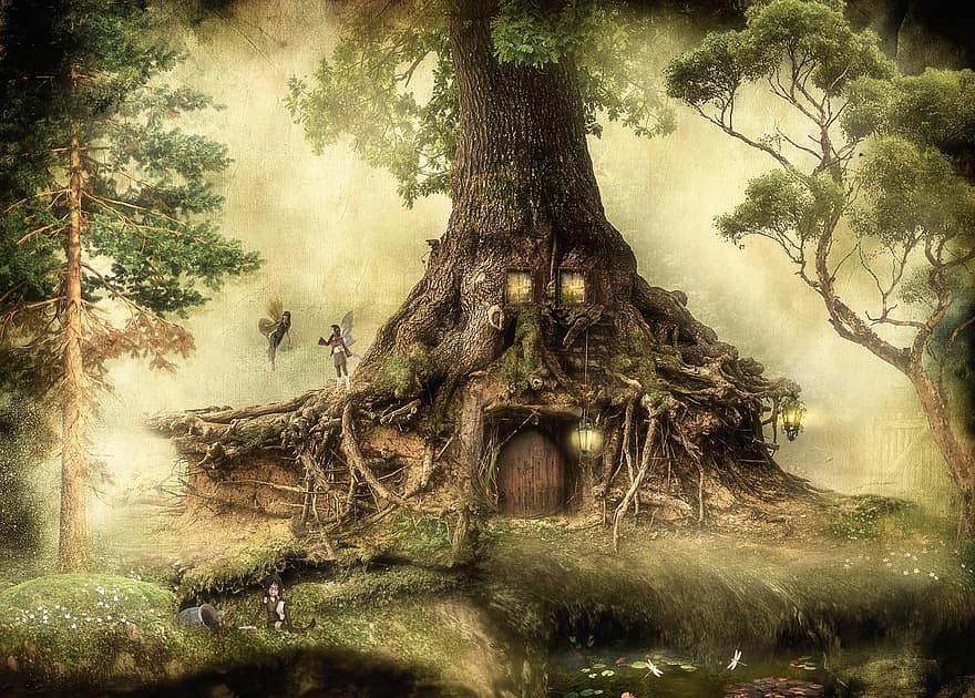 fantazie, elfové, Elfský les, Dům, jezero, stromy