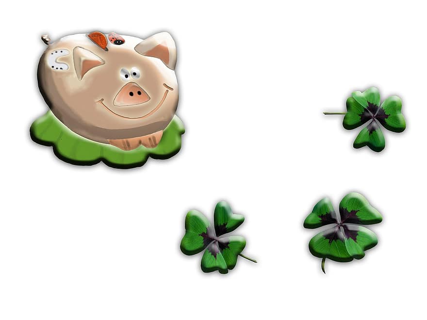 Lucky Pig, Four Leaf Clover, New Year's Day, Pink, Friendly, Cute, Luck, Symbol, Map, Background, Birthday