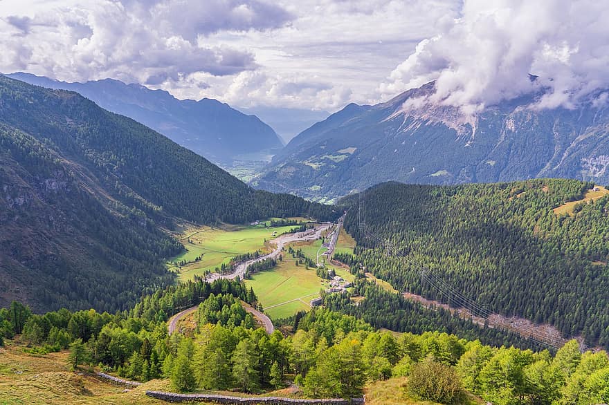 bergen, vallei, alpine, wolken, panorama, natuur, hemel, Graubünden, Zwitserland, reizen