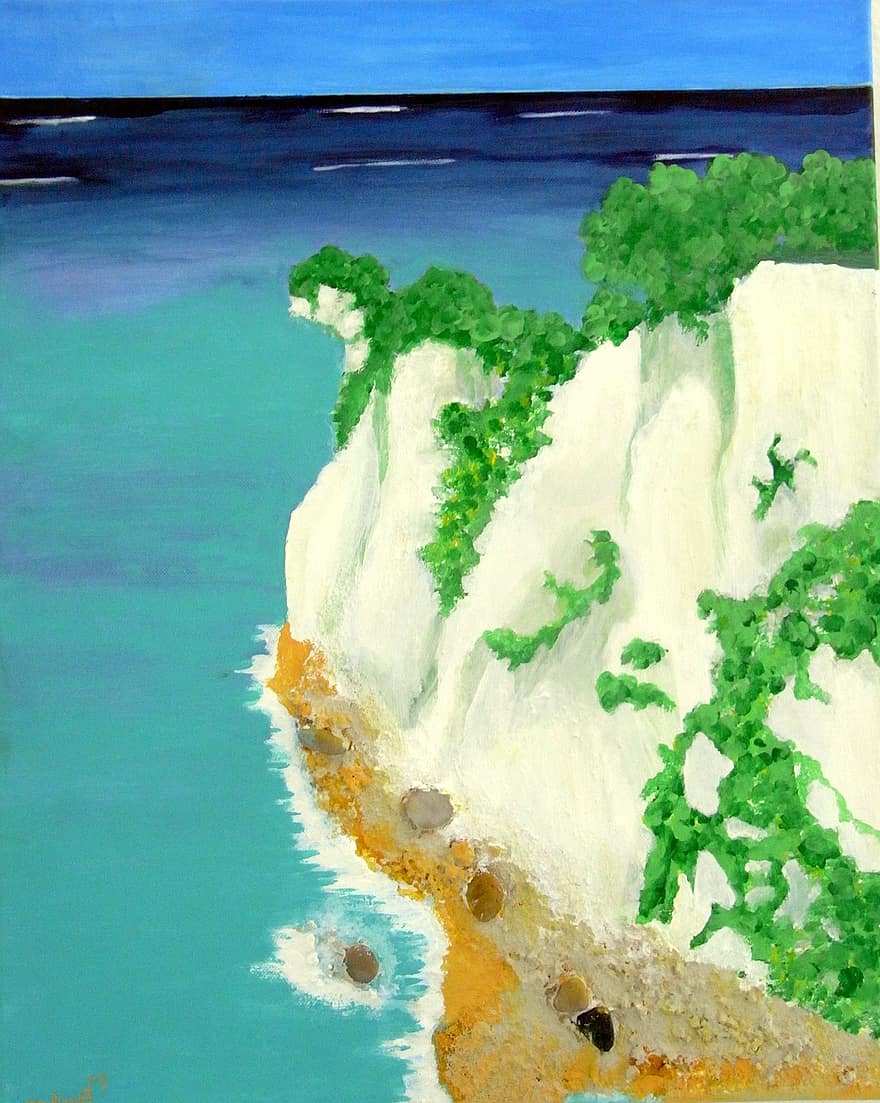tenger, fehér sziklák, szikla, Rügen, festés, kép, Művészet, festék, szín, művészileg, kép festés