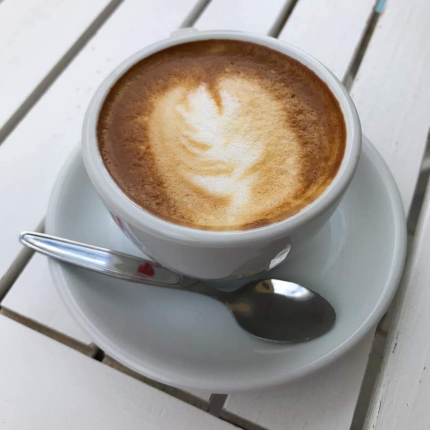 cappuccino, kaffe, morgenmad, koffein, kop kaffe, te ske, hvid, cafe