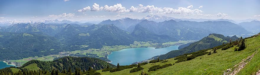 βουνά, λίμνη, Αυστρία, τοπίο, ουρανός, φύση, δάσος, βουνό, κορυφή βουνού, καλοκαίρι, νερό
