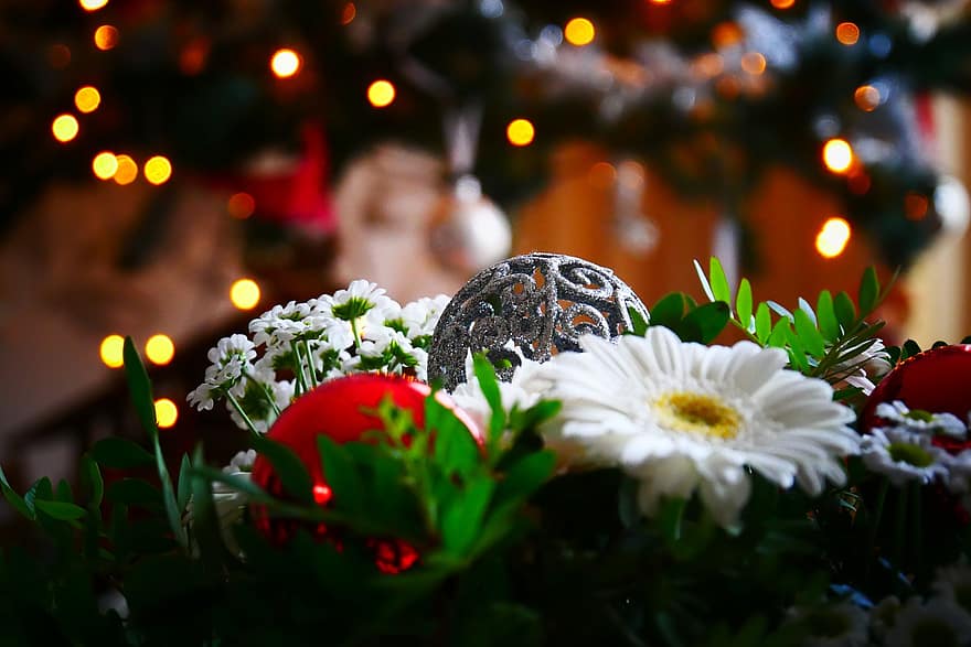 フラワーズ、飾り物、ライト、デコレーション、クリスマス
